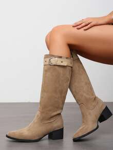 Buckle Strap Knee-High Boots Plus Size Women Wide Shaft Square Toe Vintage Western Cowboy Boots - Khaki - View 3