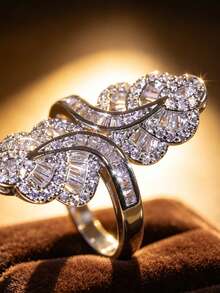 Yayi jewelry 1PC Women's 3D Floral Cluster Heavy Rhinestone Embellished Sparkling Ring, Double Flower Streamlined Zirconia Ring, Elegant And Luxurious, Novel Bridal Wedding Ring Design, Engagement Anniversary Gift, Party Jewelry - Silver - View 10