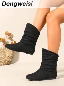 Flat Round Toe Slip-On Boots With Foldable Collar And Fur Lining, Comfortable Versatile Winter Boots For Office, Commute And Daily Wear - Black - View 3
