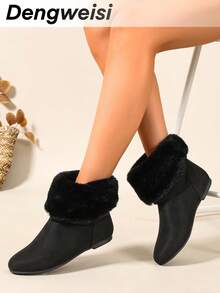 Flat Round Toe Slip-On Boots With Foldable Collar And Fur Lining, Comfortable Versatile Winter Boots For Office, Commute And Daily Wear - Black - View 2