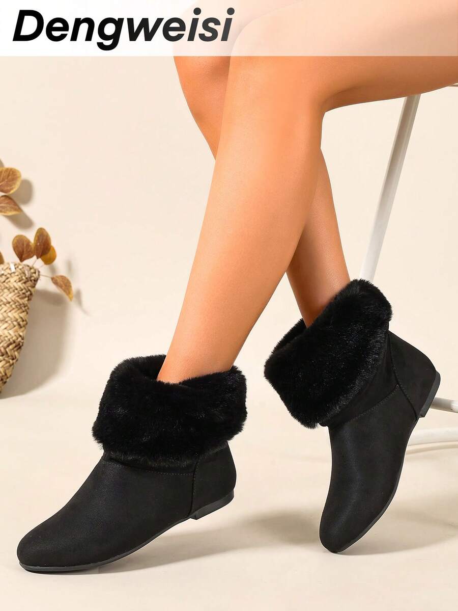 Flat Round Toe Slip-On Boots With Foldable Collar And Fur Lining, Comfortable Versatile Winter Boots For Office, Commute And Daily Wear
