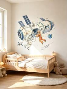 1 set/2 stora akvarellväggdekaler med rymdmotiv, lämpliga för barnrum, astronaut-, raket- och robotdekalset, avtagbar självhäftande vinylväggmålning, galaxtema för sovrumsdekoration - Multifärgad - Visa 5