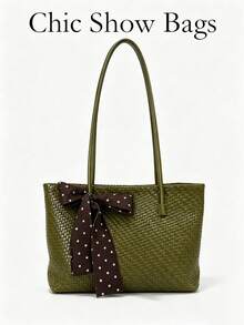 Women's Tote Shoulder Bag, Solid Color Polka Dot Bow Ribbon Decor, Large Capacity, Minimalist Elegant Style, Daily Commute Shopping Handbag - Green - View 2