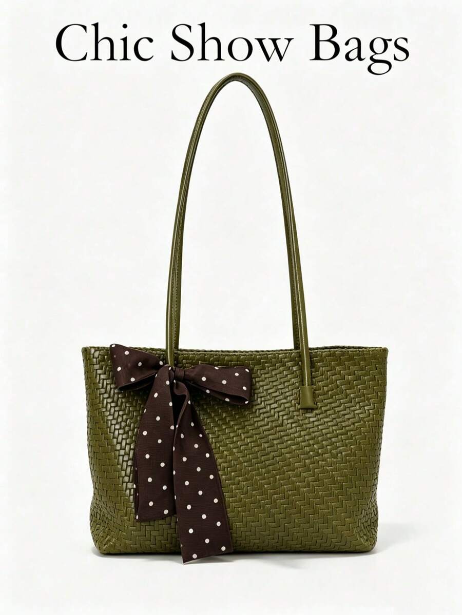 Women's Tote Shoulder Bag, Solid Color Polka Dot Bow Ribbon Decor, Large Capacity, Minimalist Elegant Style, Daily Commute Shopping Handbag