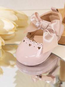 Baby Girl Shiny Mary Jane Infant Shoes, Satin Bow Wavy Ruffle Heart Hollow Soft Sole Princess Dress Walking Shoes - Pink - View 3