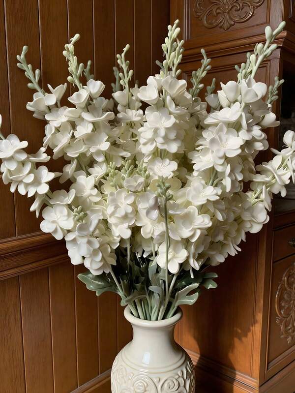 11pcs Artificial White Larkspur Flowers, 33 Inch Long Stem Silk Larkspur, Artificial Flowers, Faux Flowers, Artificial Plants, Larkspur, Long Stem Flowers, Suitable For Floral Arrangement, Home, Office, Garden, Wedding, Tabletop And Vase Decoration