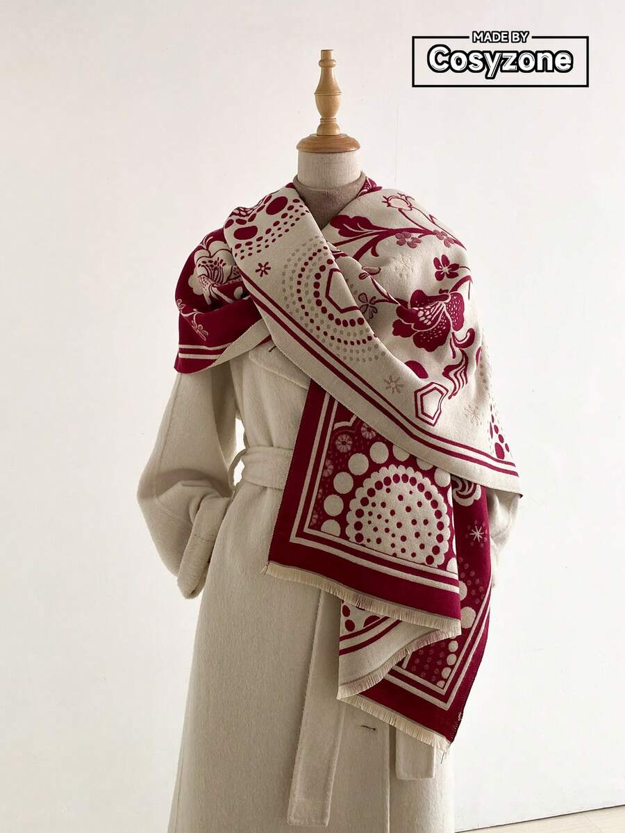 1pc Faux Cashmere Elegant Floral Pattern Jacquard Warm Scarf For Women, Air-Conditioned Room Blanket, Autumn/Winter Outdoor Travel Cold Protection Neck Warm Decorative Scarf Shawl Dual-Use, Suitable For Daily Matching, First Choice For Gifts - Burgundy - View 1