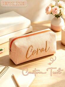 Custom Embroidered Name Striped Canvas Makeup Bag, Personalized Letter Zipper Storage Pouch, Bridesmaid Invitation Gift Cosmetic Organizer Pencil Case, Custom Text Portable Travel Toiletry Bag, Wedding Bachelorette Party Favor - Multicolor - View 8