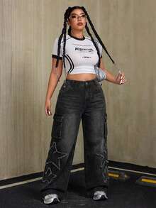 Women's Loose Washed Black Denim Jeans, Plus Size Long Straight Leg Jeans, With Pockets And Zipper, Non-Stretch, Vintage Distressed Style, Suitable For Casual Daily Wear - Black - View 6
