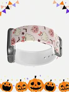 1pc Pink Pumpkin & Ghost Pattern Halloween Holiday Watch Band Accessory, Silicone Strap Compatible With Apple Watch 38/40/41/42/44/45/46/49mm, Cute & Quirky Style Women's Smartwatch Band, Suitable For Apple Watch Ultra Series S11/S10/SE/9/8/7/6/5/4/3/2/1 Smartwatch Band Accessory, Soft Elastic Comfortable Breathable Wristband Replacement Silicone Strap - Multicolor - View 5