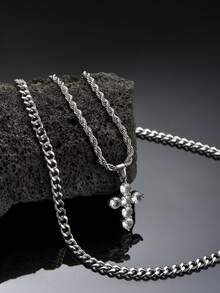 Men's Double Layer Stacked Cross Pendant Necklace, Hip-Hop Style, Inlaid Cubic Zirconia Chain, Personalized Street Decor Accessory - Silver - View 2