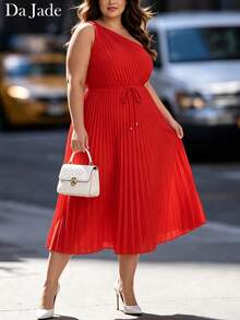 Plus Size One Shoulder Pleated Midi Dress Tie Waist Flowy Fabric Elegant Chic Versatile City Stroll Dinner Date Party Gathering Outfit - Red - View 5