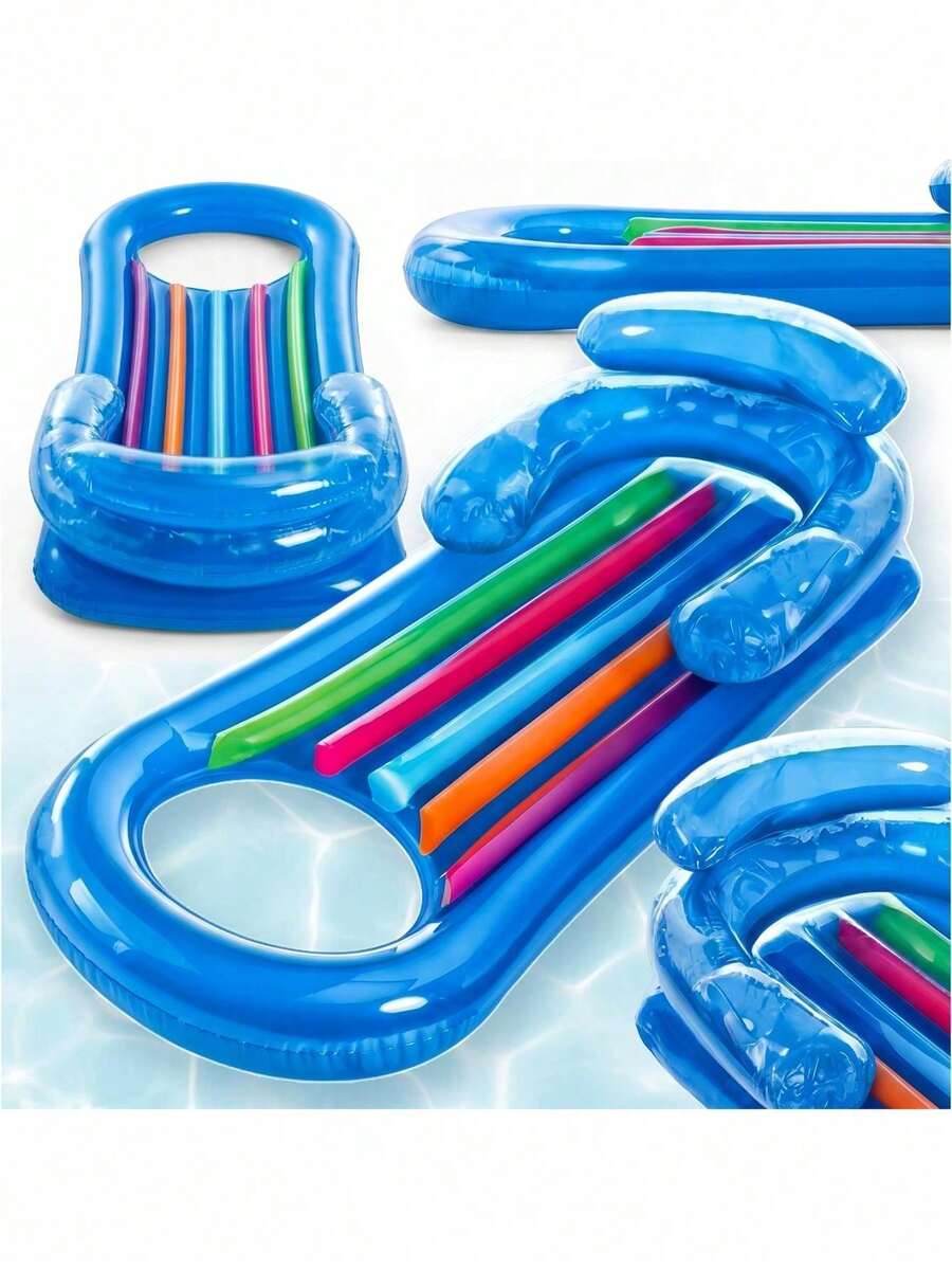 Inflatable Pool Lounge Float 155 * 80 Cm With Backrest And Leg Opening, Ergonomic PVC Floating Chair For Relaxing On Water, Lightweight Inflatable Lounger With Colorful Design For Pool Beach Lake Vacation And Summer Outdoor Activities - Blue-1Pc - View 1