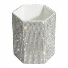 Luxury Rhinestone Makeup Brush Holder & Pen Organizer - Hexagonal Crystal Desktop Storage For Vanity, Office, And Dorm Decor (Pink/Gold/Silver) - Multicolor - View 10