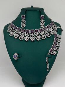 Middle East Dubai Luxury Pearlescent Heavy Work White Zirconia 4-Piece Jewelry Set, Pakistan Saudi Arabia Bridal Party Jewelry Set, Wedding Accessories Gift - Purple - View 4