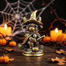 Brass Vintage Distressed Small Figurine Magic Highland Cow Riding A Broom Statue Ornament Halloween Decor Home Decoration Copper Sculpture Collector Gift - 1PC - View 5