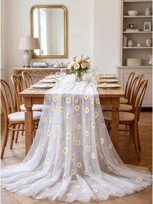 1pc Daisy Rectangular Table Runner, 75cm*180cm Mesh Table Runner, Suitable For Country Wedding Reception, Wedding Banquet, Birthday Decoration, Home Decor, Floral Theme Party Decoration, Baby Shower, Dining Table Decor - White Daisy - View 7