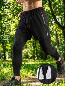 1pc Men's 2 In 1 Running Sports Long Pants With Zipper Pockets, Printed Fitness Outdoor Trousers - Black - View 1