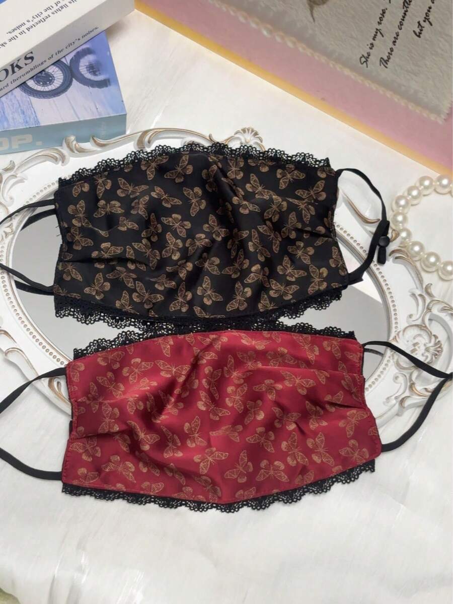 1pc Women's Black Lace Butterfly Face Mask, Breathable Decorative Mask For Daily Wear - Multicolor - View 1