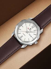 GUSALAI GUSALA 1pc Boxed Men's Niche Premium Minimalist Square Case Casual Business PU Leather Strap Watch, Suitable For Daily Wear, Holiday Gift, Christmas, Year-End - Brown - View 3