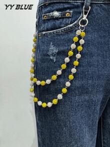 1 pièce Chaîne de pantalon mode hip-hop, chaîne de taille avec boule en strass incrustée d'argile, chaîne corporelle faite à la main, convient aux hommes et aux femmes, chaîne de vêtements quotidiens, décore les jeans, les pantalons de costume, les accessoires de pantalons décontractés (Rappel : Chaîne purement faite à la main, la chute occasionnelle est normale, peut être réassemblée par vous-même.) - Multicolore - Voir 3