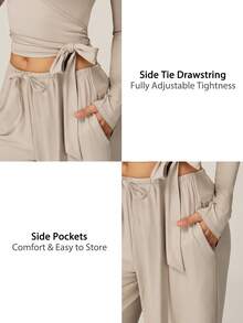 TimeOff Women's One Set Solid Color Cross Wrap Tie Waist Long Sleeve Cover Up With Elastic Drawstring Side Pockets Wide Leg Pants - Apricot - View 4
