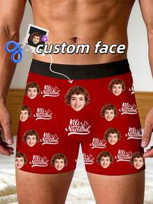 Custom Girlfriend Face Men's Boxer Briefs Feliz Navidad Print, Personalized Photo Picture Underwear, Humorous Christmas Gift For Him - Multicolor - View 1