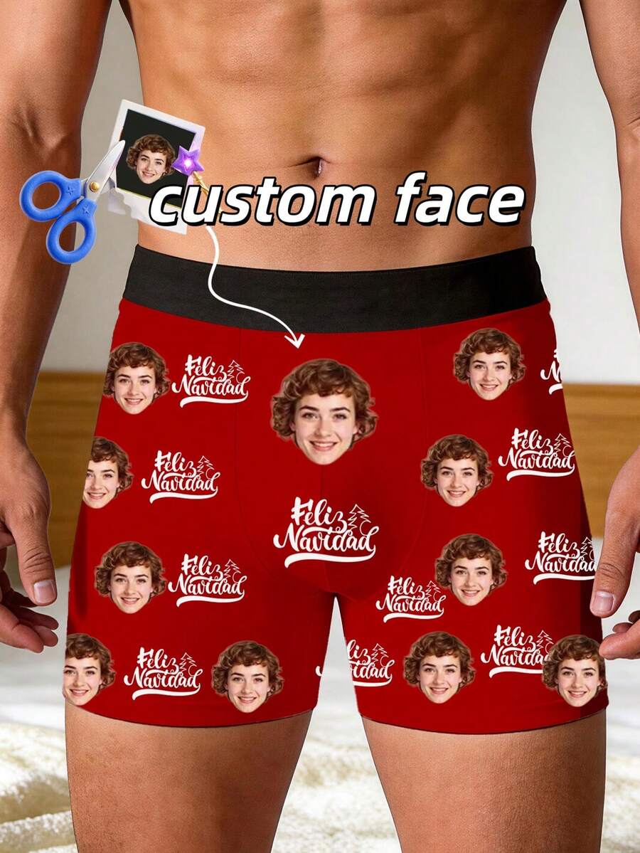 Custom Girlfriend Face Men's Boxer Briefs Feliz Navidad Print, Personalized Photo Picture Underwear, Humorous Christmas Gift For Him - Multicolor - View 1
