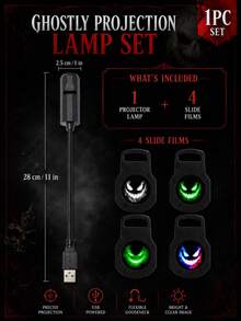 4 In 1 Ghost Face Effect Lamp, White Colorful Green & Teal Ghost Designs, USB Plug-In Lightweight 360° Rotating Light For Spooky Bedroom And Festive Decorations - Black - View 17