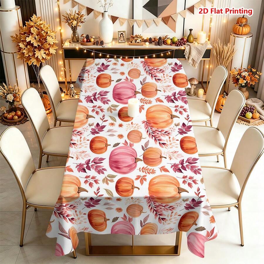 1/2pcs Autumn Tablecloth, Pumpkin Leaf Pattern Polyester Fiber Tablecloth Suitable For Dining Table, Coffee Table, Kitchen, Picnic, Camping, Country Farmhouse Decoration, Thanksgiving Holiday Tabletop Protection And Beautification - Multicolor - View 1