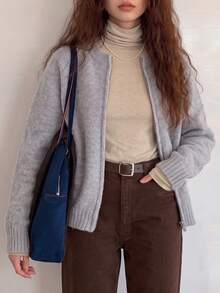 Jaket Kardigan Sweater Leher Bulat Gaya Minimalis Kasual Wanita dengan Resleting Ganda, Musim Gugur/Musim Dingin - abu-biru - View 4