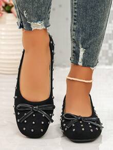 Spring/Autumn Fashion Women's Slip-On Comfortable Versatile Bow & Rivet Flat Shoes - Black - View 5