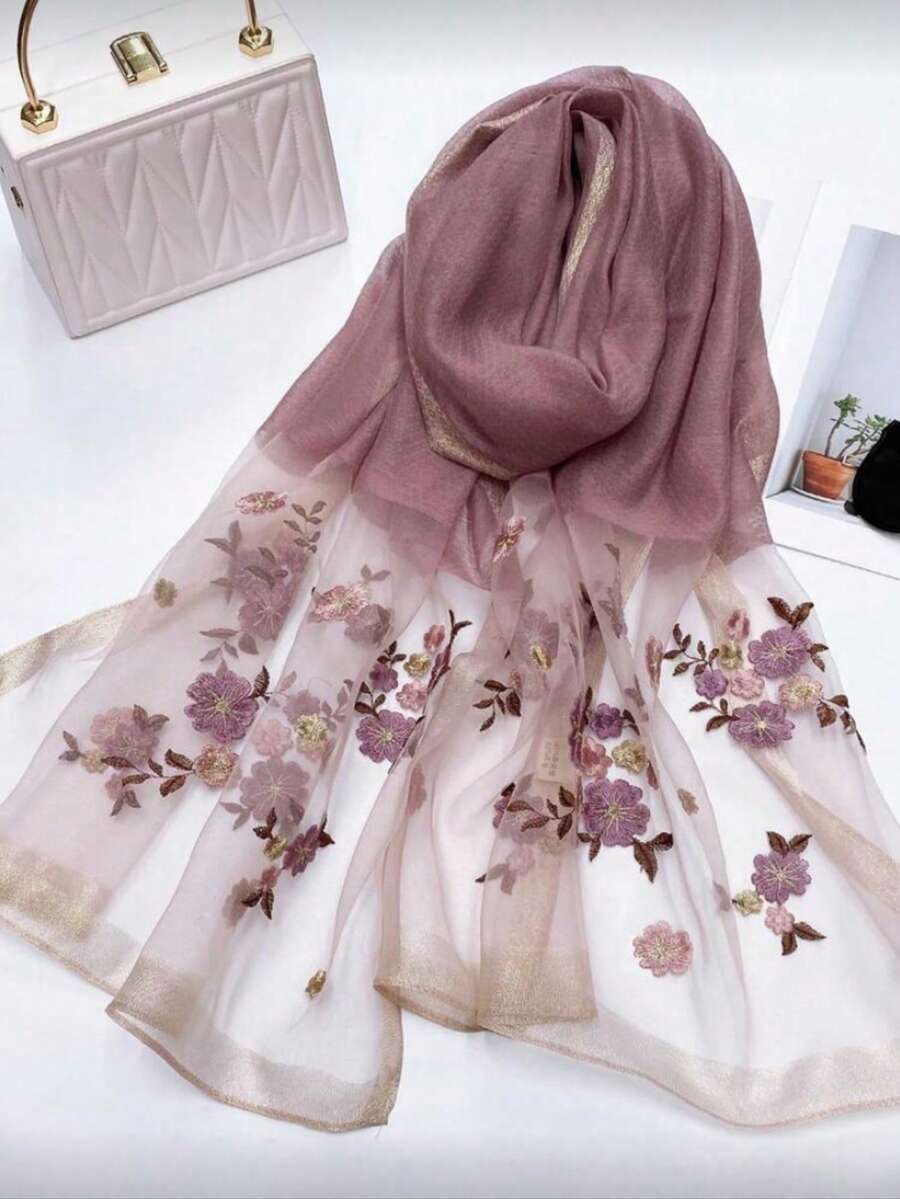 1pc Women's Purple Floral Gold Thread Embroidered Mulberry Blend Decorative Shawl, Elegant Elegant Scarf, Golden Branch Jade Leaf, Summer Travel Sun Protection, Autumn/Winter Gift For Mom, Formal Dress Cheongsam Warm Shawl, Decorative Long Scarf, Daily Headscarf - Purple - View 1