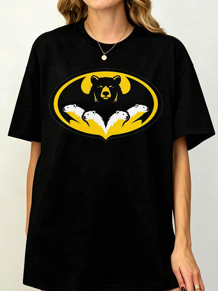 Batmanss Bat Frame Bear Pride Graphic Printed Cotton T-Shirt, LGBTQ Bear Element Classic Bat Logo Unisex Tee - 黑色 - 查看 1