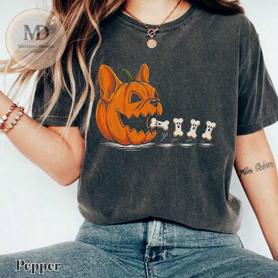 French Bulldog Halloween Shirt, Pumpkin Dog Tee, Funny Frenchie Halloween Shirt, Cute Spooky Dog Lover Gift - Style1 - View 1