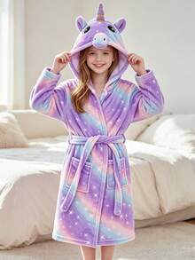 Young Girls' Bright Purple Starry Unicorn Bathrobe - MultiWarna - View 2