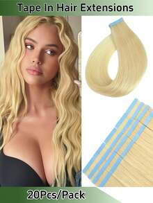 60#Platinum Blonde 20Ppcs/Pack/50g  Thick Tape In Hair Extensions Human Hair 16-26 Inches 50g 20Pcs/Pack Tape Ins Human Hair Extensions Real Human Hair Tape In Extensions Silky Straight  For Fashion Women - S60 - 查看 1