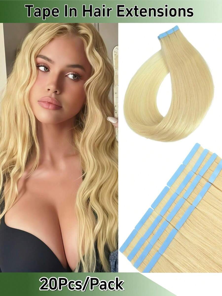 60#Platinum Blonde 20Ppcs/Pack/50g Thick Tape In Hair Extensions Human Hair 16-26 Inches 50g 20Pcs/Pack Tape Ins Human Hair Extensions Real Human Hair Tape In Extensions Silky Straight For Fashion Women - S60 - 查看 1