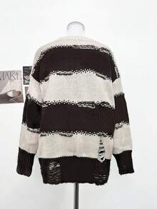 Autumn/Winter New Slouchy Color Block Striped Pullover Mid-Length Sweater Loose Round Neck Knit Top Fall - Brown - View 9