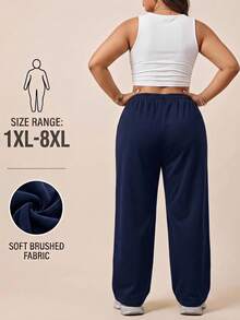 Curve Women's Soft-Touch Wide-Leg Cotton Elastic Waist Brushed-Back Plus Size Sweatpants - Navy Blue - View 2