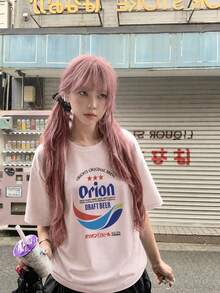 女款夏季印花日文字圓領休閒百搭短袖T恤時尚 - 淺粉色 - 查看 2
