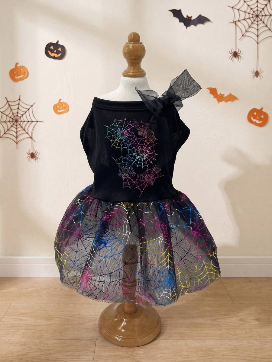 LUCKIE LABO 1pc Halloween Colorful Spider Web Pattern Pet Dress, Physical Flea Prevention, Reduces Shedding, Insulated And Breathable, Suitable For Small And Large Dogs And Cats, Indoor And Outdoor Use - Multicolor - View 1