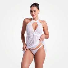 Camisola em Renda Tule Transparente com Calcinha Sensual e Confortável em Poliamida Yara - Branco - Visão 1
