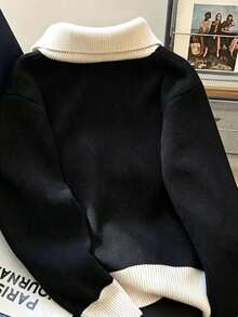 Zip-Up Long Sleeve Knit Cardigan, Versatile Knit Sweater Black Fall - Black - View 2
