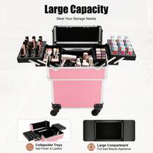 Pink Aluminum Rolling Train Case, Professional Trolley Cosmetic Organizer Box, Portable Makeup Storage Case For Artists - Pink - View 10