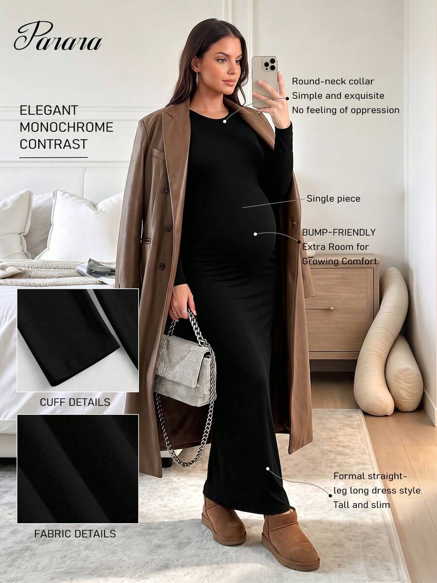 Maternity Summer Solid Color Round Neck Long Sleeve Elegant Casual Dress Black - Black - View 1