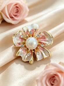 1Pc Sparkly Rhinestone Petal Flower Shape Pearl Inlaid Lapel Pin, Retro Chic Versatile Brooch, Jewelry For Ladies Daily & Gathering Wear - Floral Style B Pink - View 5