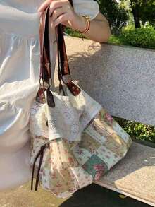 開學季大容量蕾絲肩背托特包，多功能時尚復古校園包，可折疊，適合大學生通勤與外出使用 - 彩色 - 查看 10