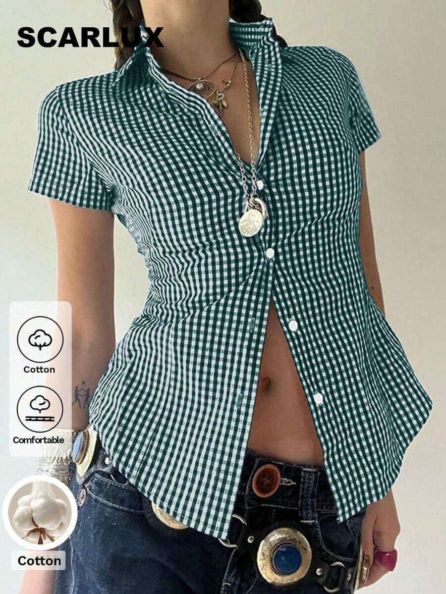 Y2K返校季必备夏季女装,包含1件纯棉修身翻领短袖纽扣设计绿色格子大学衬衫 - 綠色 - 查看 1