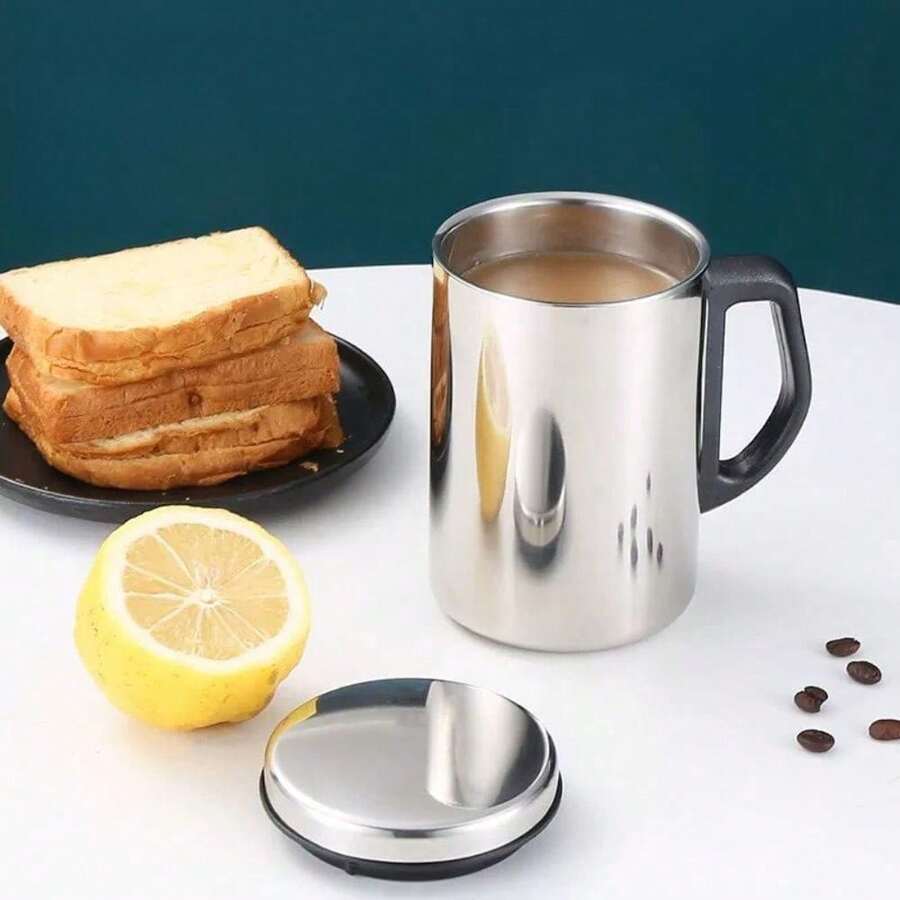1pc Double Wall Insulated Mug With Handle And Lid, Heat-Resistant Anti-Scald Cup, All-Season Office Mug - Silver - View 1